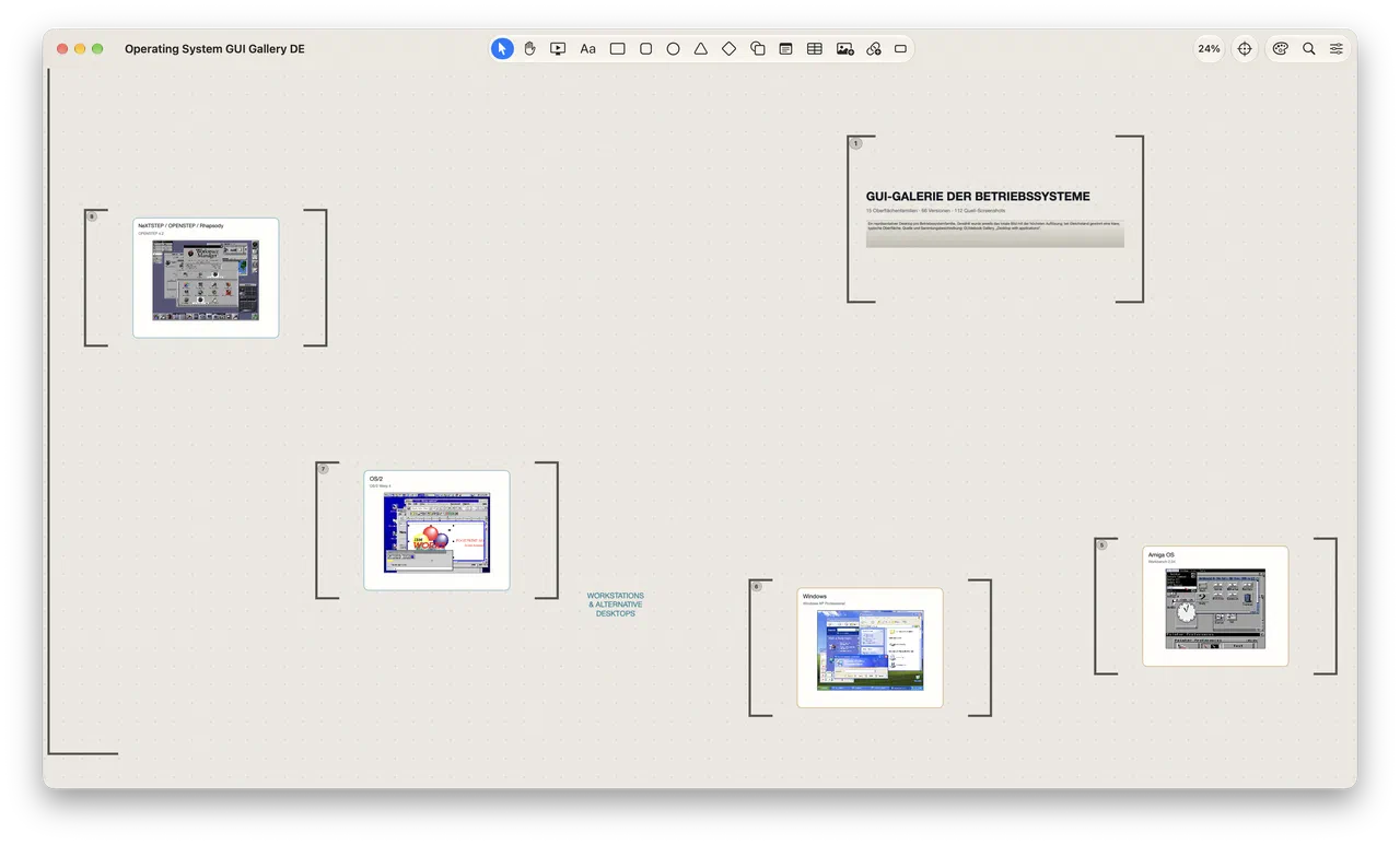 Das Board GUI-Galerie der Betriebssysteme: fünfzehn Desktop-Screenshots, die spiralförmig vom Titel ausgehen.