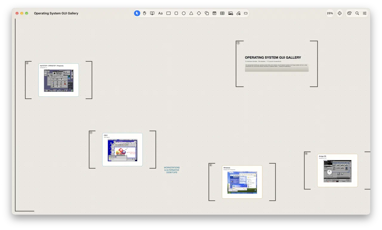 The Operating System GUI Gallery board: fifteen desktop screenshots spiralling out from the title.