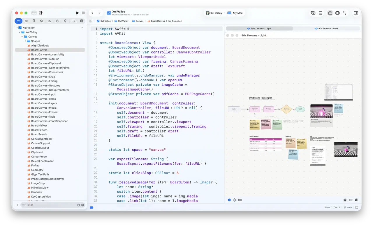 Xcode mit dem Swift-Quelltext der App, einer SwiftUI-View für die Board-Fläche, und daneben das 90s Dreams Board live in der Vorschau