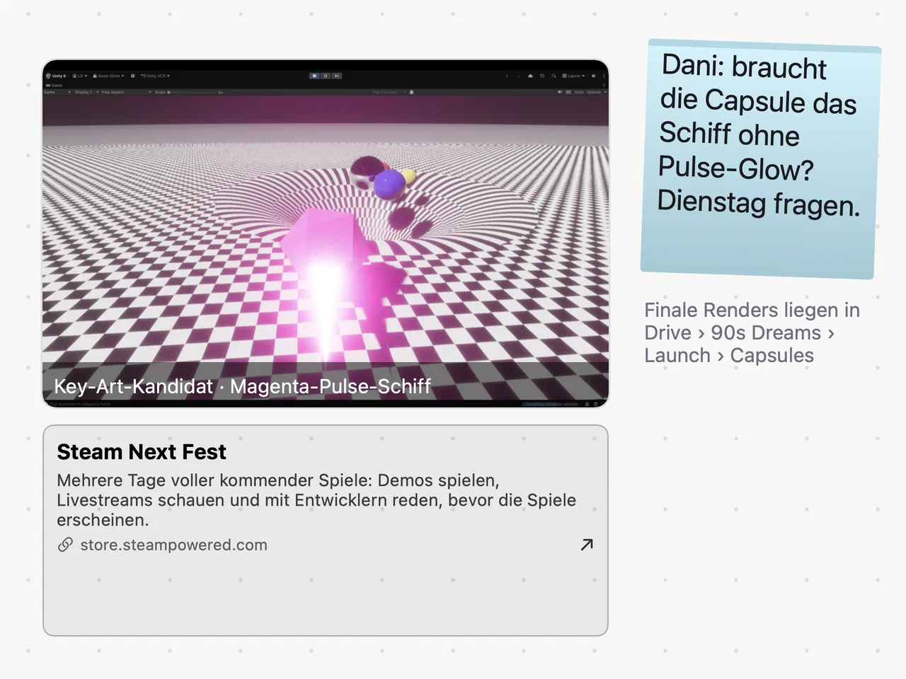 Folie 3, Assets: der Key-Art-Kandidat, eine Webseiten-Vorschau zum Steam Next Fest und eine Notiz zur Capsule