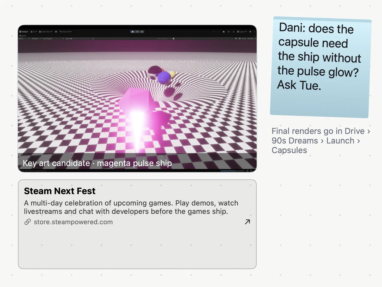 Slide 3, Assets: the key art candidate, a Steam Next Fest web page preview and a note about the capsule